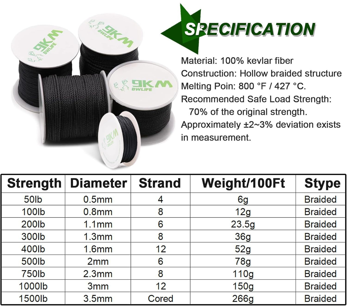 9KM DWLIFE Kevlar Cord, 50lb~1500lb, High Tensile Strength, Flame Resistant, Braided Fishing Line, Wind Chime String, Kite Line, Camping, Model Rocket, Outdoor Survival Strong String